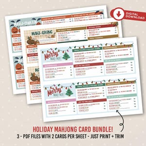 Op de afbeelding: Een digitale downloadbundel met Mahjong-scorekaarten voor de feestdagen, bestaande uit drie vellen met seizoenthema's. De kaarten bevatten Mahj-Oween, Mahj-Giving en Merry Mahj-Mas ontwerpen met kleurrijke afbeeldingen en numerieke scorekolommen.