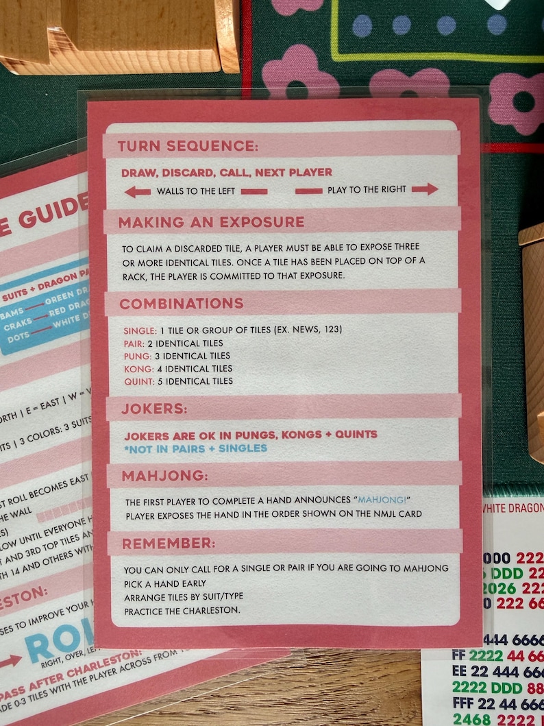 May include: A pink and white Mahjong game rules card with text detailing turn sequence, combinations, and jokers. The card provides instructions for gameplay, including how to make an exposure and announce "Mahjong!"