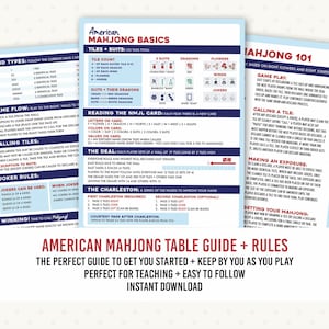 Puede incluir: Una guía detallada para el Mahjong americano, con reglas, tipos de manos e instrucciones de juego. La guía incluye tablas, diagramas y texto, con el título "American Mahjong Table Guide + Rules".