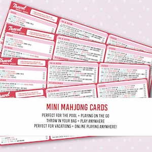 May include: Pink mini Mahjong cards with red text, featuring game combinations and the text "Travel MAHJ 2026." The cards are designed for travel, pool, and online play.