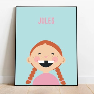 Retrato de niños personalizado con nombre - Descarga digital, Retrato ilustrado de dibujos animados, Retrato vectorial, Retrato personalizado de niño, Decoración de habitación de niño