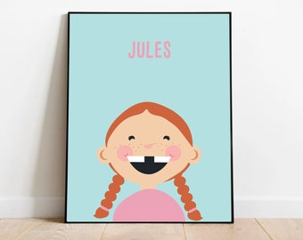 Portrait d'enfants personnalisé avec nom - Téléchargement numérique, Portrait de dessin animé illustré, Portrait de vecteur, Portrait personnalisé d'enfant, décor de chambre d'enfant