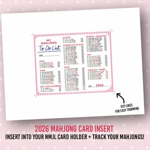 K&ouml;nnte beinhalten: Eine rosa-wei&szlig;e Mahjong To Do List-Karteneinlage mit dem Text "My Mahjong To Do List" und "2026". Die Karte enth&auml;lt Abschnitte zum Verfolgen von Mahjong-Bl&auml;ttern und ist zum einfachen Zuschneiden konzipiert.