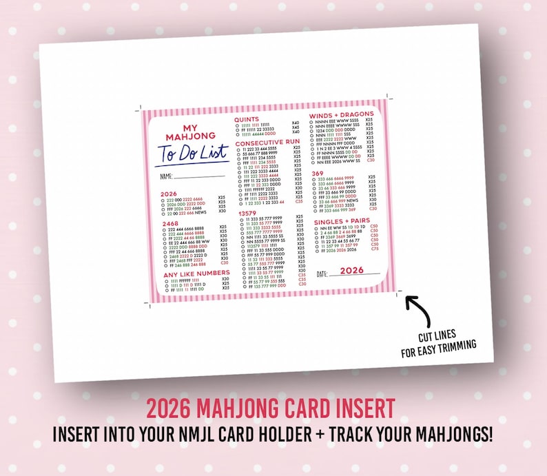 K&ouml;nnte beinhalten: Eine rosa-wei&szlig;e Mahjong To Do List-Karteneinlage mit dem Text "My Mahjong To Do List" und "2026". Die Karte enth&auml;lt Abschnitte zum Verfolgen von Mahjong-Bl&auml;ttern und ist zum einfachen Zuschneiden konzipiert.