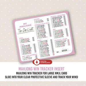 May include: A rectangular Mahjong win tracker insert with a pink border and white background. The text reads My Mahjong To Do List, 2026, and lists various game categories like Quints, Consecutive Run, 369, and Singles + Pairs with point values.