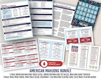 May include: An assortment of printed guides and cards for American Mahjong. The bundle includes a table guide, rules, a hand tracker, mini cards, and a solo playing board. The text "American Mahjong Bundle" is displayed prominently.