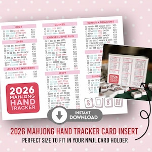 May include: A pink Mahjong hand tracker card insert with detailed number combinations and game instructions. The card features the text "2026 Mahjong Hand Tracker" and is designed to fit in a NMJL card holder. Includes an instant download option.
