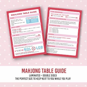 May include: A laminated, double-sided Mahjong Table Guide with a pink border. The guide includes information on tiles, the NMJL card, the deal, the Charleston, turn sequence, making an exposure, combinations, and jokers. The text "Mahjong Table Guide" is at the bottom.
