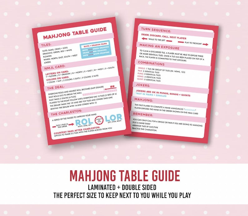 May include: A laminated, double-sided Mahjong Table Guide with a pink border. The guide includes information on tiles, the NMJL card, the deal, the Charleston, turn sequence, making an exposure, combinations, and jokers. The text "Mahjong Table Guide" is at the bottom.