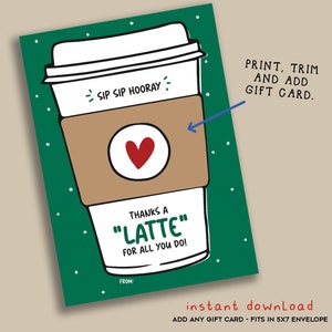Sip Sip Hooray Danke ein Latte, Kaffee Geschenkkartenhalter, Happy Coffee Grußkarte - Printable INSTANT DOWNLOAD, Starbucks Kartenhalter