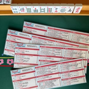 May include: A Mahjong game in progress, with tiles and scorecards visible. The tiles are white with black and red markings. The scorecards have text and numbers, with "Travel MAHJ 2026" printed on them.