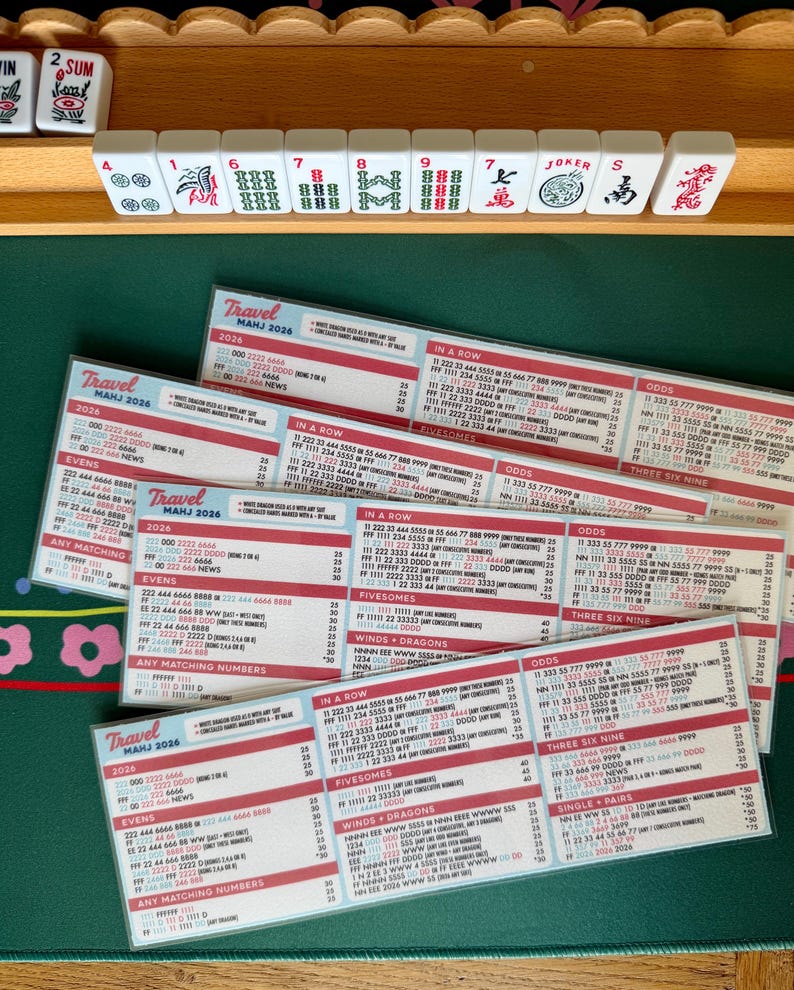 May include: A Mahjong game in progress, with tiles and scorecards visible. The tiles are white with black and red markings. The scorecards have text and numbers, with "Travel MAHJ 2026" printed on them.