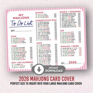 K&ouml;nnte beinhalten: Rosa Mahjong To Do List Karte mit gestreiftem Rand, Platz f&uuml;r einen Namen und verschiedenen Zahlenkombinationen. Enth&auml;lt den Text "Sofort-Download" und das Jahr 2026.
