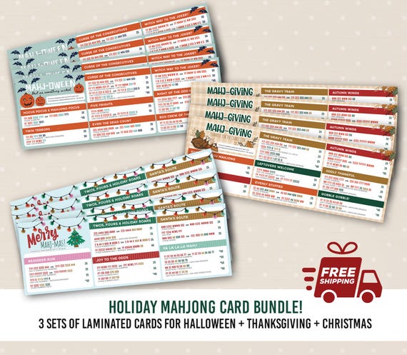 Bundle of Laminated Holiday Mahjong Cards | Halloween, Christmas + Thanksgiving Mahjongg Cards | Mahj gifts