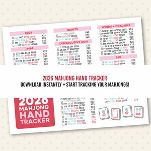 May include: A pink and white Mahjong hand tracker with various number combinations and game instructions. The text "2026 Mahjong Hand Tracker" is displayed prominently. The image includes a call to action: "Download instantly + start tracking your Mahjongs!"