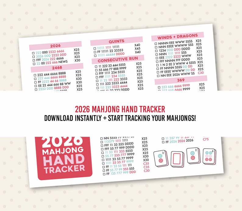 Op de afbeelding: Een roze en witte Mahjong handtracker met verschillende getalcombinaties en spelinstructies. De tekst "2026 Mahjong Hand Tracker" staat prominent afgebeeld. De afbeelding bevat de tekst: "Download direct + begin met het volgen van je Mahjongs!"