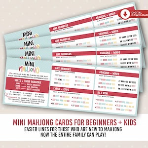 Peut inclure: Un ensemble de quatre cartes de r&eacute;f&eacute;rence Mini Mahjong bleu clair avec des sections rouges et blanches d&eacute;taillant les r&egrave;gles, les suites et les combinaisons. Les cartes affichent des textes comme Like Numbers, Dragons + Winds et In A Row.