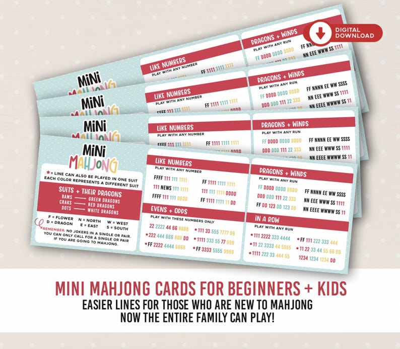 Peut inclure: Un ensemble de quatre cartes de r&eacute;f&eacute;rence Mini Mahjong bleu clair avec des sections rouges et blanches d&eacute;taillant les r&egrave;gles, les suites et les combinaisons. Les cartes affichent des textes comme Like Numbers, Dragons + Winds et In A Row.