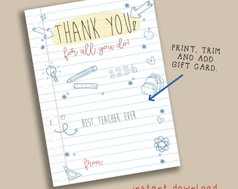 Printable Teacher Thank You Gift Card Holder Template (Instant Download)