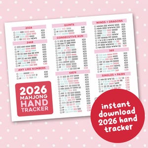 Op de afbeelding: Een Mahjong hand tracker met verschillende getalcombinaties en spelinstructies. Het document bevat secties voor "2026", "Quints", "Consecutive Run" en "Singles + Pairs". De tekst "2026 Mahjong Hand Tracker" staat in een rode doos.