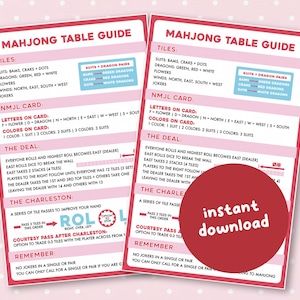 May include: Two pink Mahjong Table Guide printables with detailed instructions on tiles, NMJL cards, the deal, and Charleston rules. A red circle with "instant download" text is overlaid on the right printable.