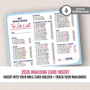 May include: A blue and white Mahjong To Do List card insert, detailing game combinations and numbers. Features the text "My Mahjong To Do List" and the year "2026". Instant download.