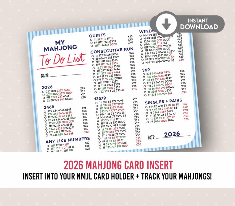 May include: A blue and white Mahjong To Do List card insert, detailing game combinations and numbers. Features the text "My Mahjong To Do List" and the year "2026". Instant download.