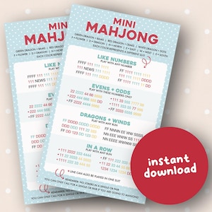 May include: Two Mini Mahjong game instruction cards with a light blue background and white polka dots. The cards have red text and a red circle with "instant download" on it. The cards provide instructions on how to play the game.