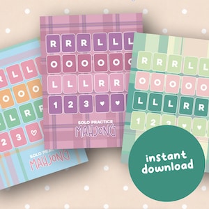 May include: Three colorful Mahjong practice cards with plaid backgrounds in pink, blue, and green. Each card features a grid of tiles with letters, numbers, and symbols. The text "SOLO PRACTICE MAHJONG" is visible on the cards. A green circle with "instant download" is also present.