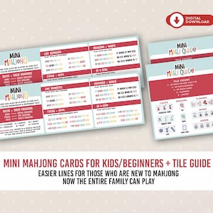 Peut inclure: Un ensemble de cartes Mini Mahj Guide avec du texte explicatif, des comptes de tuiles et des combinaisons de jeu. Les cartes sont bleu clair et rouge avec du texte blanc, incluant une ic&ocirc;ne de t&eacute;l&eacute;chargement num&eacute;rique. Elles d&eacute;taillent les r&egrave;gles.