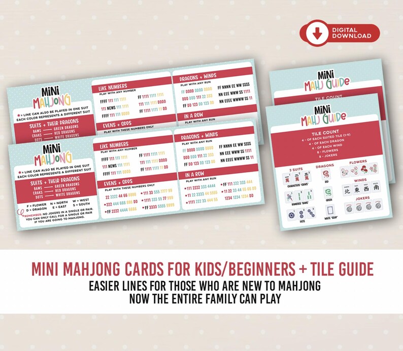 Peut inclure: Un ensemble de cartes Mini Mahj Guide avec du texte explicatif, des comptes de tuiles et des combinaisons de jeu. Les cartes sont bleu clair et rouge avec du texte blanc, incluant une ic&ocirc;ne de t&eacute;l&eacute;chargement num&eacute;rique. Elles d&eacute;taillent les r&egrave;gles.