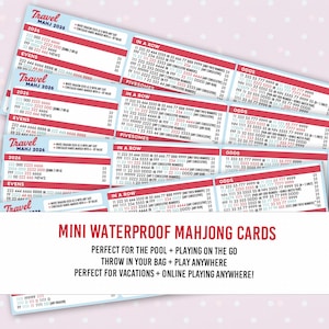 May include: A stack of mini waterproof Mahjong cards with red and white text. The cards have various number combinations and the text "Travel MAHJ 2026". The text "Mini Waterproof Mahjong Cards" is also visible.