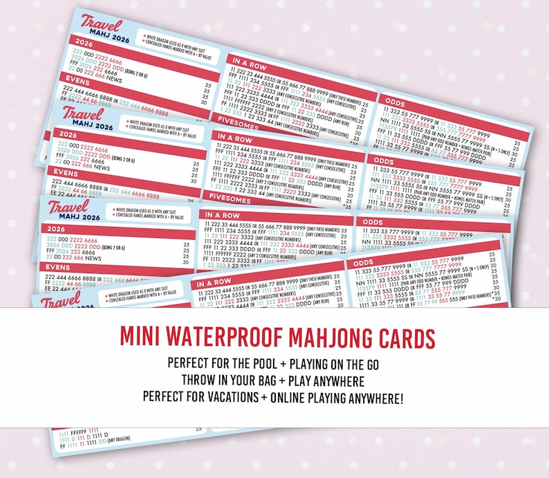 May include: A stack of mini waterproof Mahjong cards with red and white text. The cards have various number combinations and the text "Travel MAHJ 2026". The text "Mini Waterproof Mahjong Cards" is also visible.