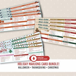 Op de afbeelding: Een bundel van drie Mahjong-scorekaarten met vakantiethema's voor Halloween, Thanksgiving en Kerstmis. Elke kaart bevat seizoensgebonden afbeeldingen, speltitels zoals Mahj-Oween, Mahj-Giving en Merry Mahj-Mas, en bijbehorende punten.