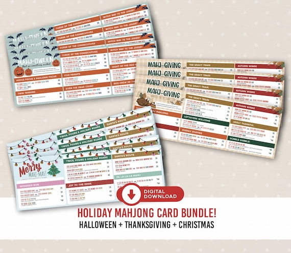 Bundle of Holiday Mahjong Cards | Halloween Christmas Thanksgiving Mahj Cards