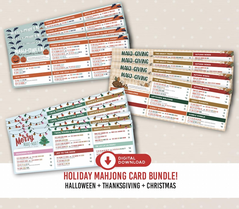 Op de afbeelding: Een bundel van drie Mahjong-scorekaarten met vakantiethema's voor Halloween, Thanksgiving en Kerstmis. Elke kaart bevat seizoensgebonden afbeeldingen, speltitels zoals Mahj-Oween, Mahj-Giving en Merry Mahj-Mas, en bijbehorende punten.