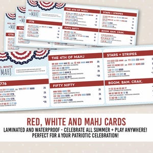 May include: A set of rectangular Mahjong score cards featuring a red, white, and blue bunting border. The cards display game combinations titled 1776, The 4th of Mahj, Fifty Nifty, Stars + Stripes, and Boom. Bam. Crak. with numerical point values.