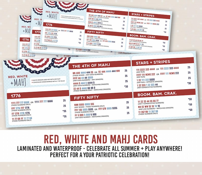 May include: A set of rectangular Mahjong score cards featuring a red, white, and blue bunting border. The cards display game combinations titled 1776, The 4th of Mahj, Fifty Nifty, Stars + Stripes, and Boom. Bam. Crak. with numerical point values.
