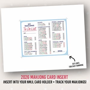 May include: A white card with a blue border and text that reads "My Mahjong To Do List" and "2026". The card includes sections for tracking game details, such as "Quints", "Consecutive Run", and "Singles + Pairs".