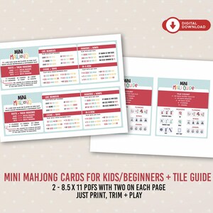Peut inclure: Deux feuilles imprimables pr&eacute;sentant des guides de jeu Mini Mahjong pour d&eacute;butants. Les cartes affichent des r&egrave;gles, des combinaisons de suites, des tuiles dragons et vents, et des comptes de tuiles avec du texte rouge, bleu et noir sur fond blanc.