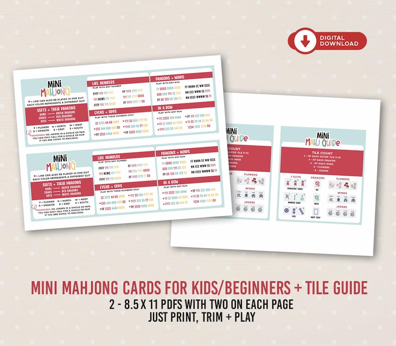 Peut inclure: Deux feuilles imprimables pr&eacute;sentant des guides de jeu Mini Mahjong pour d&eacute;butants. Les cartes affichent des r&egrave;gles, des combinaisons de suites, des tuiles dragons et vents, et des comptes de tuiles avec du texte rouge, bleu et noir sur fond blanc.