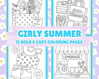 Girly Summer Coloring Book for Adults, 12 Bold and Easy Printable Beach + Vacation Designs, Cute and Cozy Summer Fun PDF Instant Download