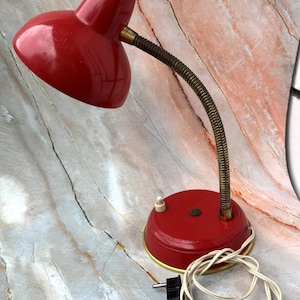 Vintage Red Gooseneck Desk Lamp: 1970s Retro Industrial Table Light
