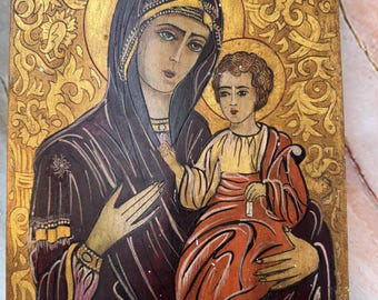 Hand-Painted Orthodox Icon: Virgin Mary and Child, Byzantine Style