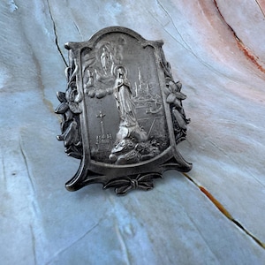 Vintage 1960s-80s Stainless Steel Lourdes Plaque – Virgin Mary Apparition – French Catholic Souvenir.