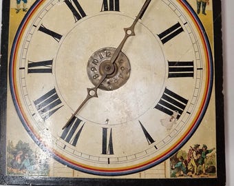 Antyczny zegar ścienny MARCA DE FABRICA: ręcznie malowana ceramiczna tarcza, sztuka ludowa XIX wieku