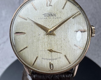 Vintage Technos Ancre Wrist Watch, 1950s Swiss Made, Gold Plated