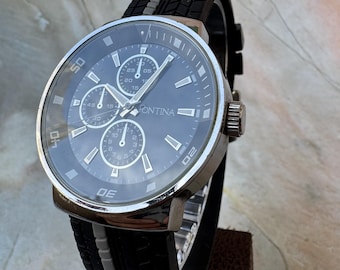 Pontina Men’s Quartz Watch | Black Silicone Strap | Chronograph Style | Water Resistant Stainless Steel Back
