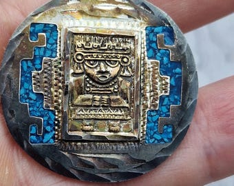 Llavero vintage de plata de ley con el dios del sol azteca: Arte popular mexicano de Taxco