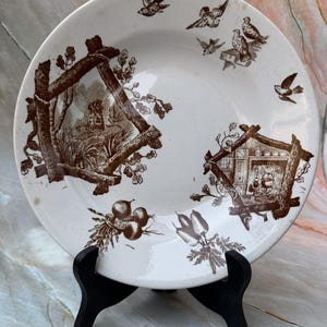 Vintage French Plate – Birds & Cottage Scene – Brown Transferware – Digoin Sarreguemines France – Rustic Farmhouse Decor